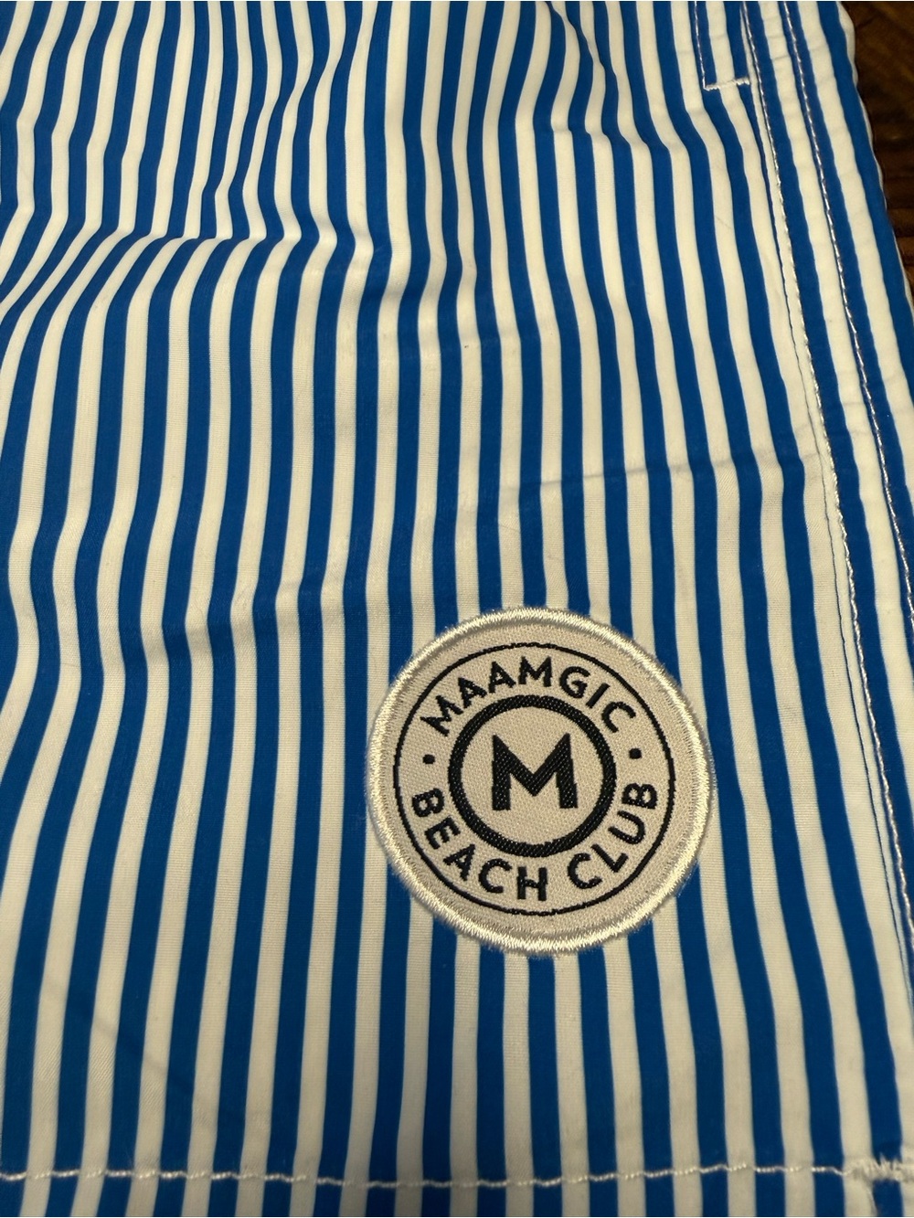Men's Navy & White Pinstripe Swim Trunks with Drawstring Waist - Picture 3 of 9